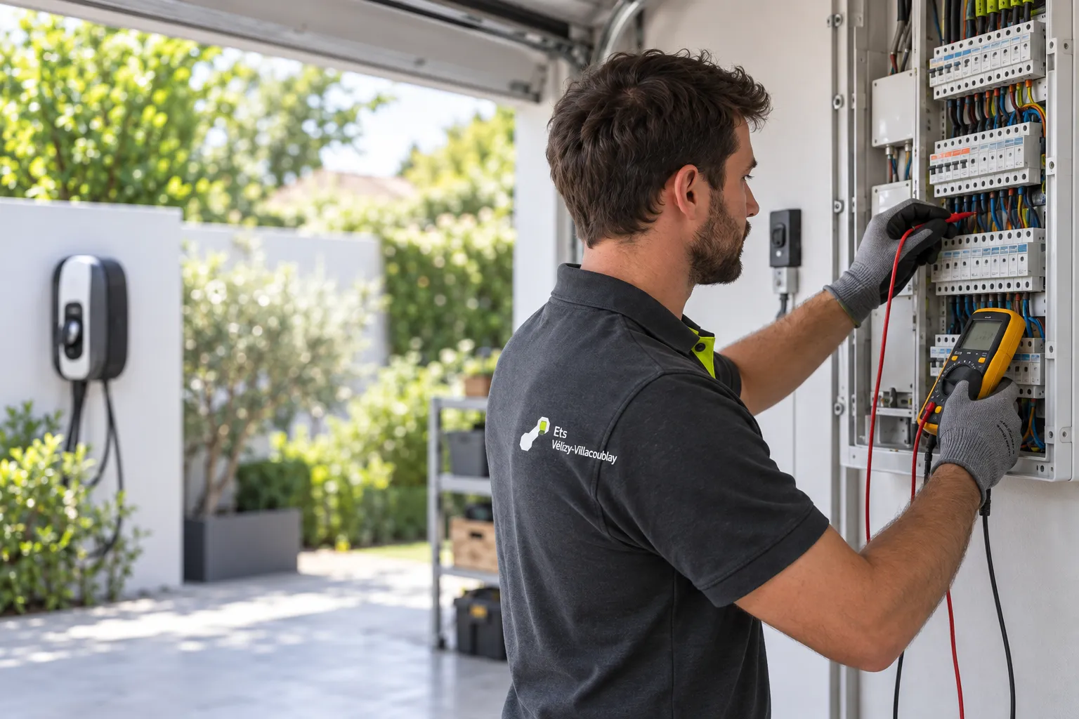 Électricien mesurant au multimètre un tableau électrique ouvert dans un garage, une borne de recharge murale au second plan